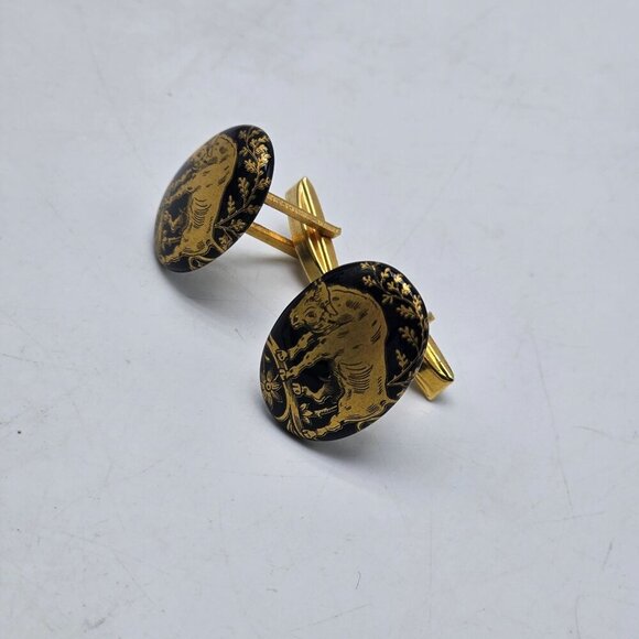 Vintage Zodiac Taurus The Bull Wrap Cufflinks Black Oval Gold Tone - Picture 2 of 4